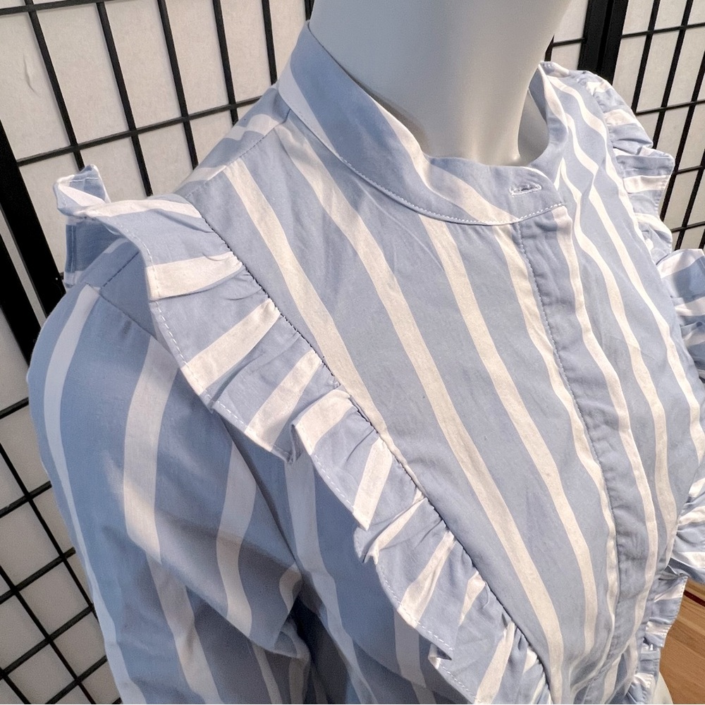 Popsugar Blue Striped Ruffled Top With Moto Collar And Tie - Picture 4 of 13
